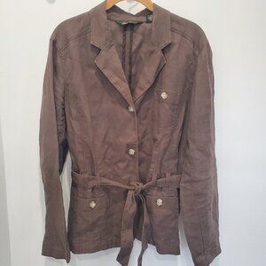 Eddie Bauer Women's Vintage Brown 100% Linen Safari Style Belted Jacket  16